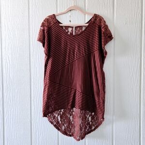 Free People Striped Front Sheer Lace Back Tunic Tee Short Sleeve Rust Small
